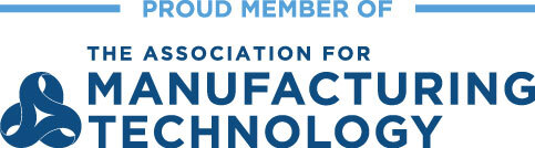 Logo displaying the text &ldquo;Proud member of the Association for Manufacturing Technology&rdquo; in blue capital letters, with a geometric blue symbol on the left.