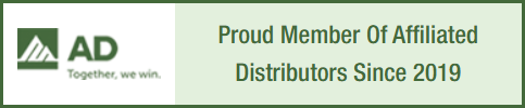 A rectangular banner with the AD logo and the slogan Together, we win. on the left, and the text Proud Member Of Affiliated Distributors Since 2019 on the right, set on a light background with a green border.