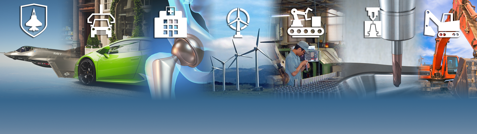 A collage shows a fighter jet, a car, wind turbines, a factory worker, construction equipment, and machinery, each overlaid with a white icon representing industry sectors, against a gradient blue background.