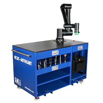 EZ-Autocart Premium Web 350x350 A blue EZ-AUTOCART workstation with tool holders, storage shelves, and a black robotic arm mounted on top, positioned against a plain white background.