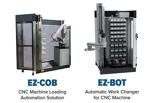Side-by-side view of two machines: EZ-COB, a CNC machine loading automation solution with a robotic arm; and EZ-BOT, an automatic work changer for CNC machines, featuring a vertical storage rack and robotic arm.