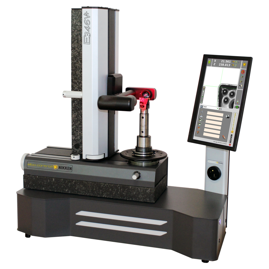 Lyndex-Nikken_Presetter-E346V-Plus-Press-Release A tool presetting machine with a mounted tool holder and a digital control screen displaying measurement data. The device is labeled “NIKKEN” and appears designed for precise tool measurement and calibration.
