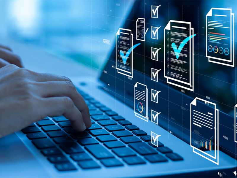 Satisfaction, Document, Checklist, Database, Contract, Checkbox, Insurance, Manager,Technology,Marketing,Security,Choice,Working,Laptop,Success,Finance,Service,Questionnaire,Computer,Paper,Business,Virtual Reality,Organization,Surveyor,Check Mark Hands typing on a laptop keyboard, with digital document icons and blue check marks displayed above the screen, suggesting online document review, approval, or digital workflow processes.