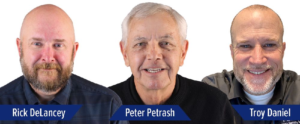 RickDeLancey_PeterPetrash_TroyDaniel Press Release Profile_web Three men are pictured in front of a white background. Each man is labeled with a blue name tag: Rick DeLancey on the left, Peter Petrash in the center, and Troy Daniel on the right.