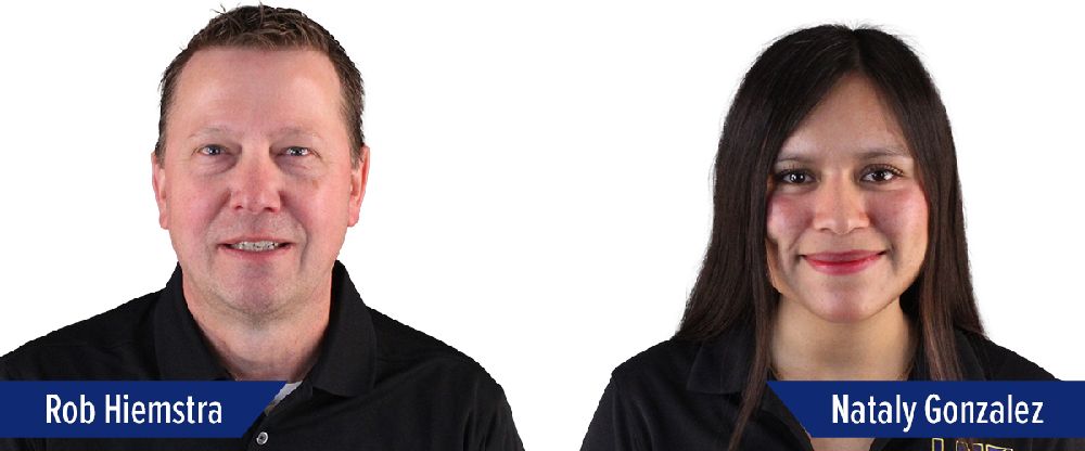 Two people in black collared shirts are shown side by side on a white background. The left label reads Rob Hiemstra and the right label reads Nataly Gonzalez. Both are facing forward and smiling slightly.