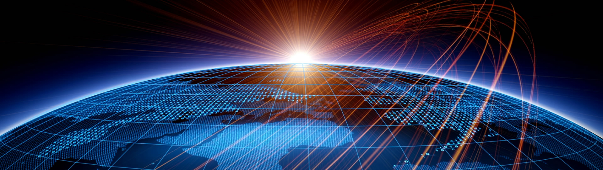 A digital illustration of Earth with a glowing sunrise at the horizon, overlaid with a blue grid, dotted city lights, and orange light trails arcing across the sky, suggesting global connectivity.
