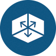 A blue circular icon features a white hexagon with three arrows pointing up, left, and down from the center, symbolizing multidirectional movement or expansion.