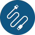 A white icon of a USB cable with connectors on both ends is displayed on a solid blue circular background.