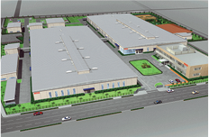 Aerial view of an industrial complex featuring multiple large warehouse buildings, a smaller office building, surrounding green spaces, paved roads, and nearby parked vehicles.
