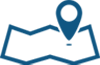 A blue icon showing a folded map with a large location pin marker placed above it, representing navigation or a map location.