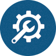 A white gear with a wrench inside it is centered on a blue circular background, symbolizing settings or tools.