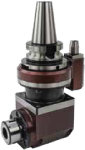 angle-head-1 A metal CNC machine tool holder with a tapered spindle, cylindrical components, and a rectangular base fitted with connectors and fasteners.