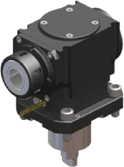 live-tools A 3D rendering of a black, box-shaped industrial mechanical component with a circular metal attachment on one end and metallic mounting points on the base.