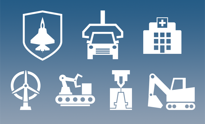 The group of seven industry icons, including a jet in a shield, a car being assembled, a hospital, a wind turbine, a robotic arm, an injection die and mold, and an excavator.