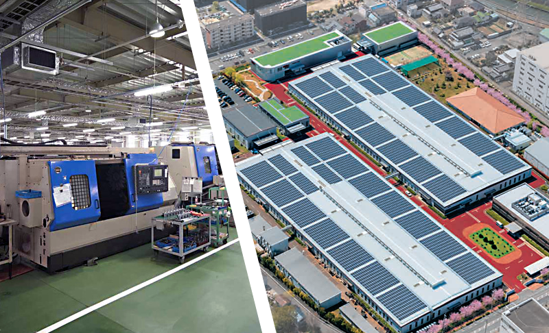 The image is split in two: the left side shows a factory interior with large industrial machines and workstations; the right side shows an aerial view of a large factory complex with multiple buildings covered in solar panels.