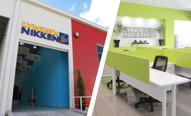 The image is split in two: the left side shows the exterior of the Lyndex-Nikken Mexico building; the right side shows a modern office with green partitions and white desks.