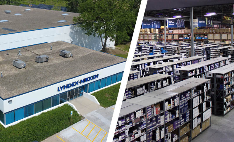 The image is split in two: the left side shows the exterior of the Lyndex-Nikken building; the right side shows the interior of a large warehouse with shelves full of boxes.