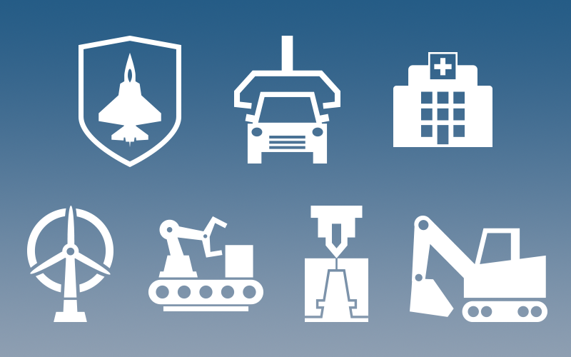  Seven Industry Icons including Aerospace and Defense, Automotive, Medical, Energy and Power Distribution, Job Shops, Die-Mold, Construction.