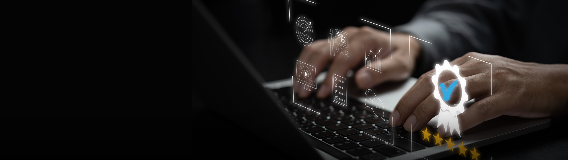 Close-up of hands typing on a laptop keyboard with transparent digital interface icons, including graphs, milling chucks, a gear with a check mark, and five stars, overlaid on the image.