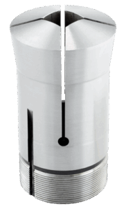 A 3J Collet with a cylindrical shape, a conical top, vertical slits, and threaded section at the bottom, photographed against a white background.