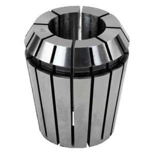 An ER collet, featuring vertical slots and a central cylindrical opening, used in machining to hold cutting tools or workpieces securely.