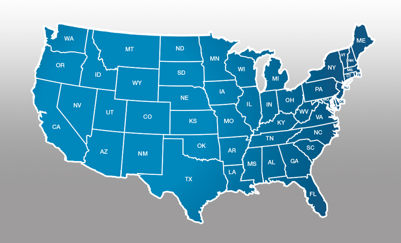 Resources-Find-Distributor_800x486 A simplified map of the United States shows all 50 states outlined and labeled with their standard two-letter abbreviations, set against a gradient gray background.