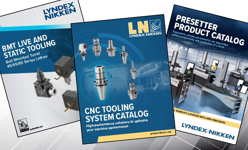 Resources-Product-Catalogs_800x486 Three Lyndex-Nikken product catalogs are displayed, featuring images of tooling equipment and machines on the covers. The titles indicate content about turret tooling, CNC tooling systems, and presetter products.