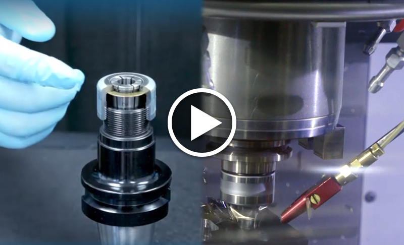 Resources-Product-Videos_800x486 A split image showing a gloved hand holding a metal tool holder on the left and a close-up of a CNC machine part being worked on the right, with a play button icon in the center.