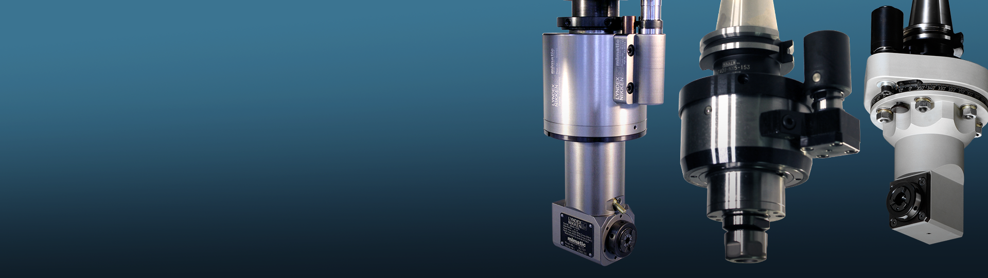 Three different types of Angle Heads and Spindle Speeders are shown against a blue gradient background.