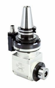 A High Torque 40 Taper Right Angle Head tool holder made of metal, featuring cylindrical components, a conical top, and a rectangular base with visible screws and connectors.
