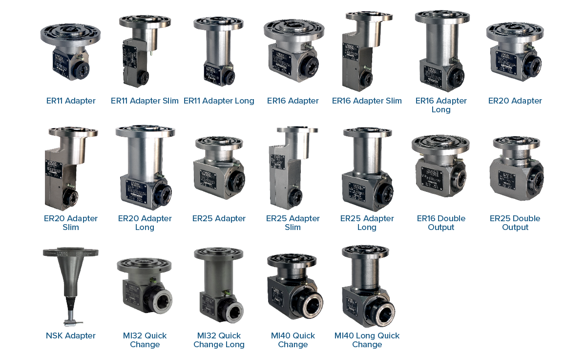 A lineup of 16 angle head tool holder adapters and quick-change devices arranged in two rows, each labeled with names such as ER11 Adapter, ER16 Double Output, and M32 Quick Change against a white background.