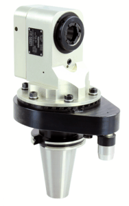 An offset type right angle head with a metallic housing, black base with a degree scale, and a conical mounting attachment at the bottom, used for automated positioning in industrial or machining applications.