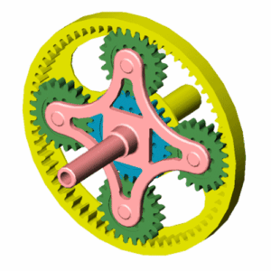 3D rendering of a planetary gear system with a large yellow ring gear, three green planet gears, a pink carrier, and a central blue sun gear, with shafts extending from the center.