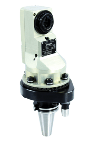 A Slim Type Right Angle Head  head attachment with a metallic body, precision adjustment dials, and a tapered tool holder at the base, isolated on a white background.