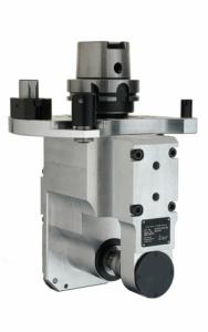 A silver, angle head tool holder with a cylindrical clamp and black mounting points, used for securing cutting tools in CNC machines.