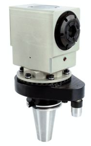 A standard right angle head tool holder with a square silver body, black circular components, and a conical base, designed for use in CNC or milling machinery.