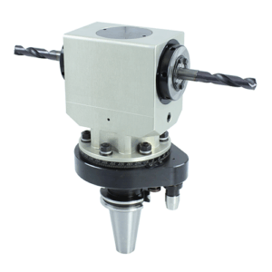 A Twin Spindle Angle Head for a milling machine, featuring a square aluminum body, two black circular ends holding drill bits, and a tapered shank for mounting.
