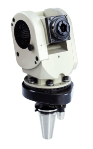A close-up of a Universal Flexhead angle head tool holder, featuring various components and adjustment dials, isolated on a white background.