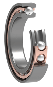 A cross-section of a metal ball bearing showing the inner and outer rings, copper-colored cage, and multiple steel balls inside the bearing.