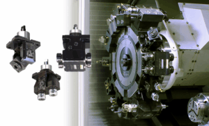 Close-up of a CNC machine turret with multiple live tools attached on the right, and three individual live tools displayed separately on the left against a plain background.