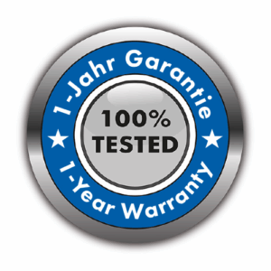 A circular badge with a blue border that reads 1-Jahr Garantie and 1-Year Warranty with white stars. The center is silver and displays 100% TESTED in black uppercase letters.