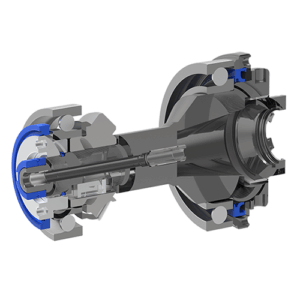 Cross-sectional rendering of a live tool PTFE shaft, showing internal components such as gears, bearings, and seals, with some parts highlighted in blue for emphasis.