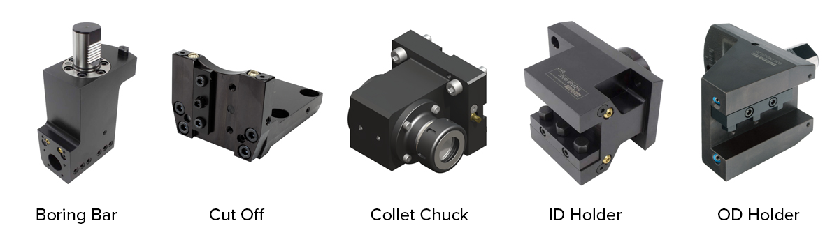 Five types of static tools are shown in a row, each labeled from left to right: Boring Bar, Cut Off, Collet Chuck, ID Holder, and OD Holder. Each static tool has a distinct shape and mounting design.