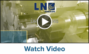 A screenshot of a paused video showing a machine turret with live tools, with the text Lyndex Nikken Live Tooling and a play button overlay. The lower section has the text Watch Video.