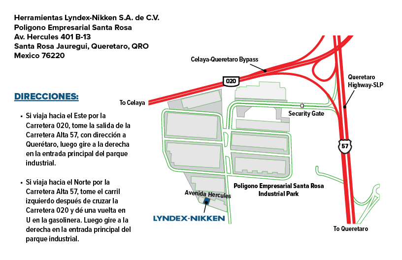 Map showing the location of Herramientas Lyndex-Nikken in Polígono Empresarial Santa Rosa, Querétaro, Mexico, with driving directions, nearby roads, and main entrance points highlighted.