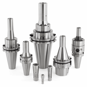 Five MMC Mini-Mini Collet Chucks and three collets are arranged upright on a white surface. The tool holders have a shiny, metallic finish and precise, machined details.