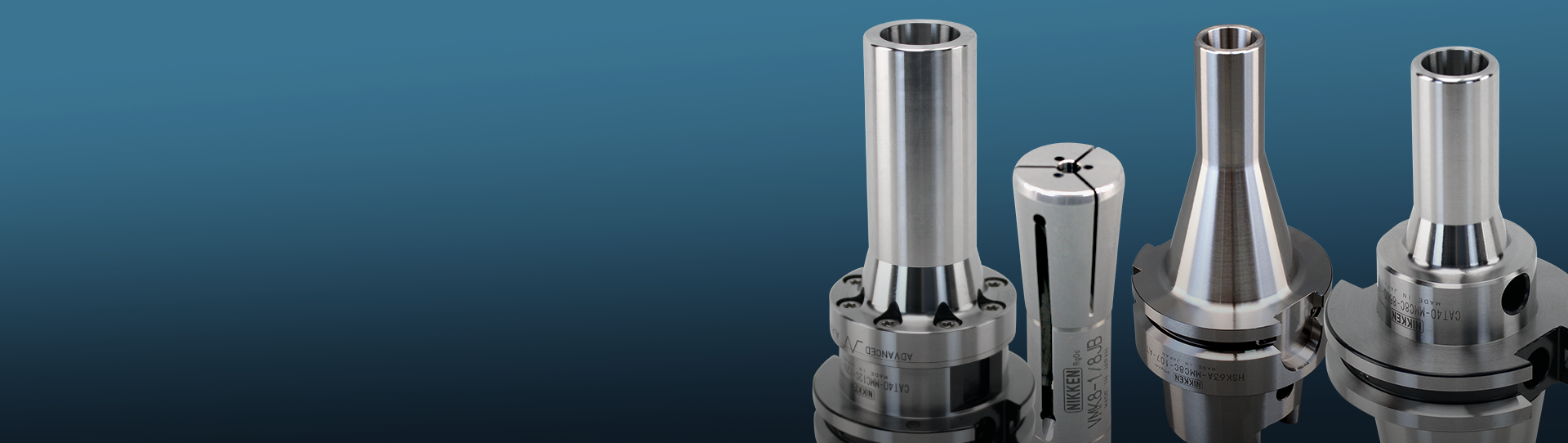 Three MMC Mini-Mini Collet Chucks and a collet are displayed vertically against a blue gradient background.