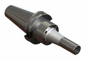 3D render of a MMC Mini-Mini Collet Chucks with a tapered body, flanged midsection, and cylindrical extension, designed for securing cutting tools in machining operations.