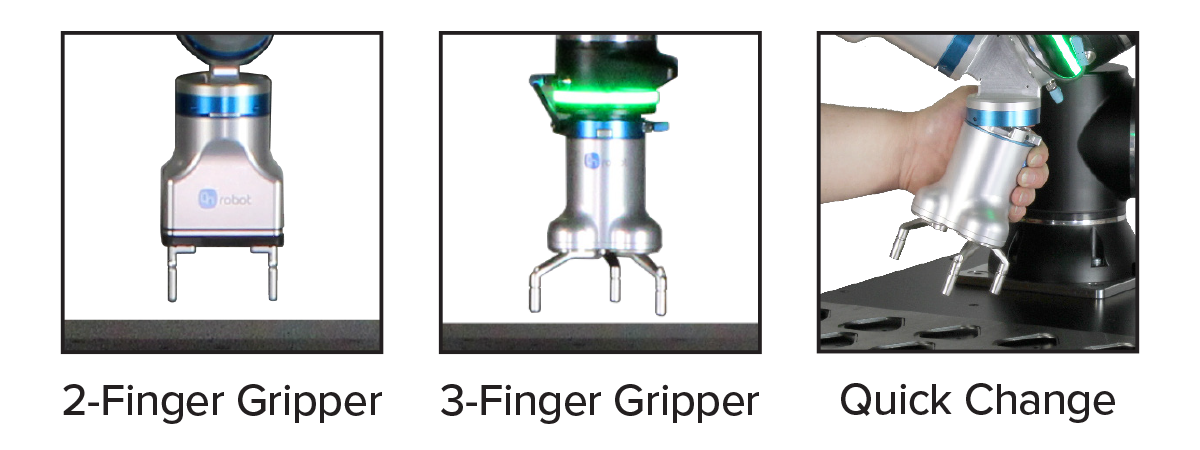Three images show a 2-finger gripper, a 3-finger gripper, and a person's hand swapping out a quick change gripper; each device is mounted on a robotic arm.