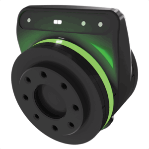 A black, circular industrial EZ-Autocart sensor with a green illuminated ring. The device has a rectangular top section with three small indicator lights.